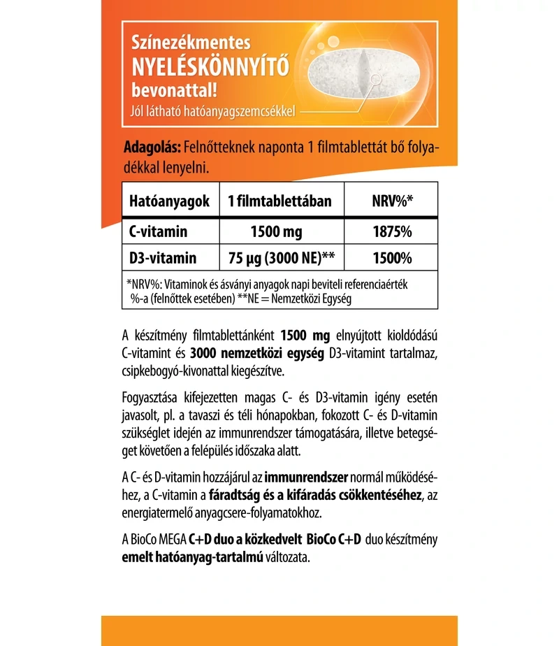 BioCo MEGA C+D duo RETARD C-vitamin 1500 mg + D3-vitamin 3000 NE filmtabletta