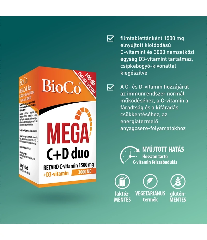 BioCo MEGA C+D duo RETARD C-vitamin 1500 mg + D3-vitamin 3000 NE filmtabletta