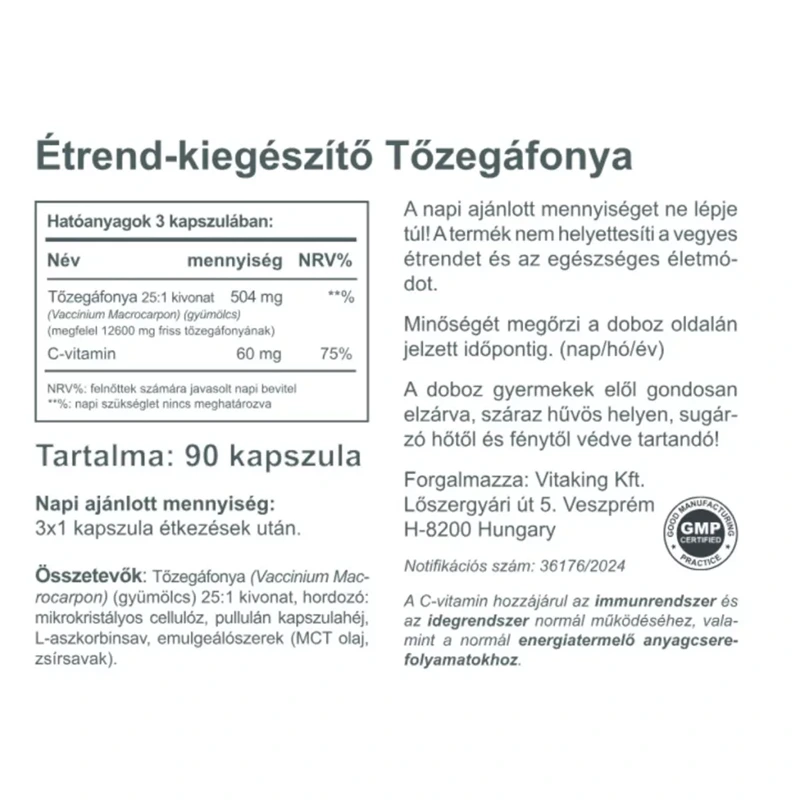 Vitaking Tőzegáfonya kivonat C-vitaminnal vegán kapszula