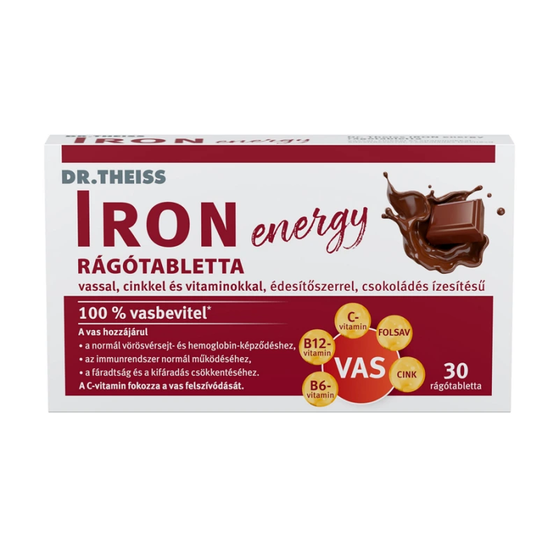 Dr. Theiss Iron Energy rágótabletta édesítőszerekkel csokoládé ízű