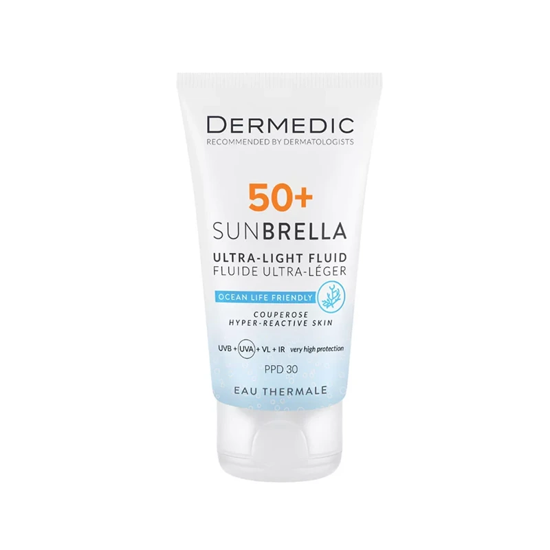 DERMEDIC Sunbrella Ultra-light fényvédő FLUID SPF50+ rozáciás bőrre