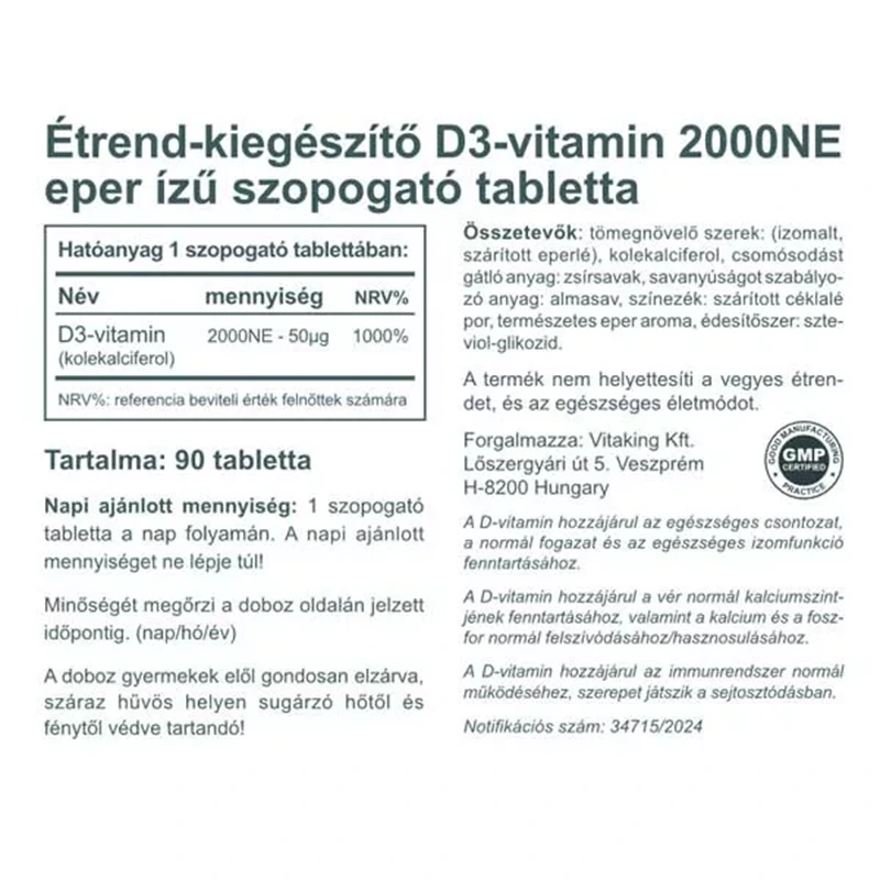 Vitaking D3 vitamin 2000NE szopogató tabletta eper