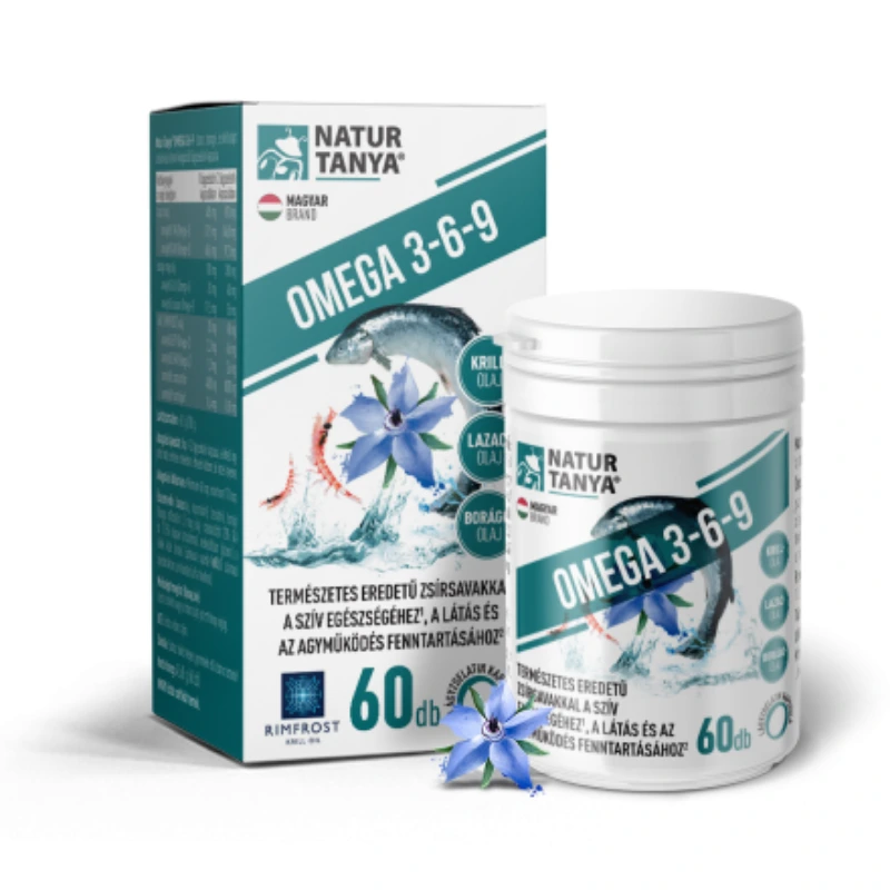 Natur Tanya® Omega 3-6-9 zsírsavak 3 féle természetes olajforrásból, standardizált lazac-, borágó- és krill olaj