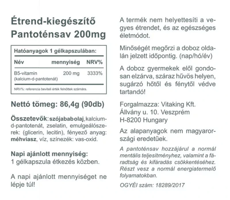Vitaking B5-vitamin - Pantoténsav 200mg