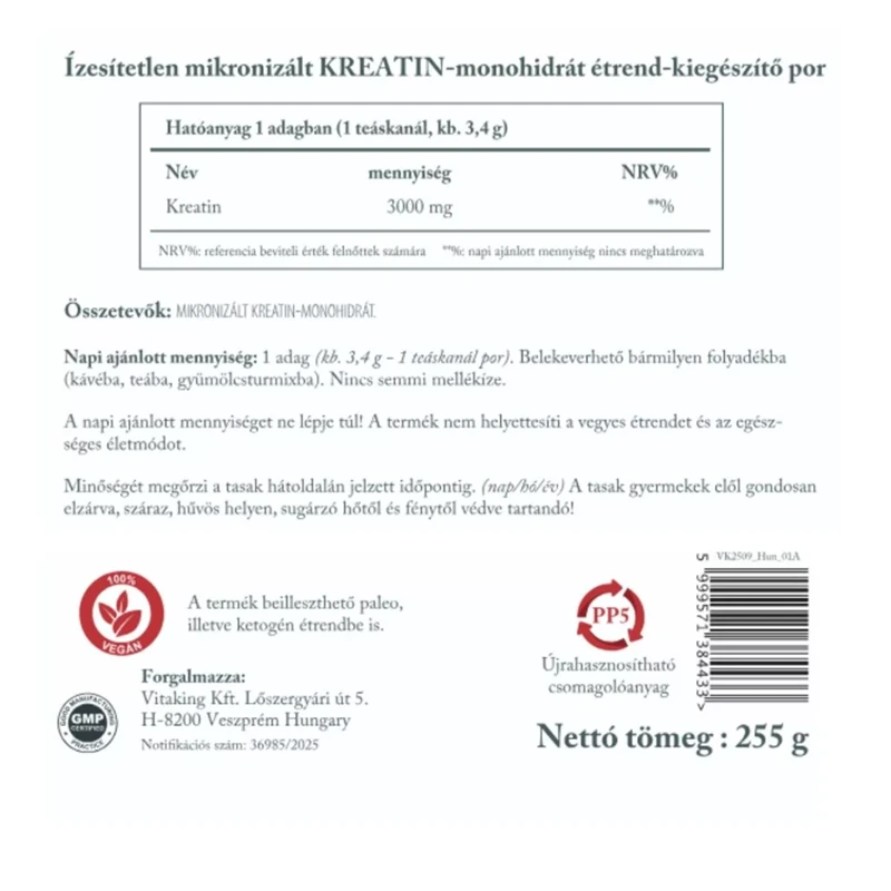 Vitaking 100% Kreatin monohidrát (natúr, mikronizált)