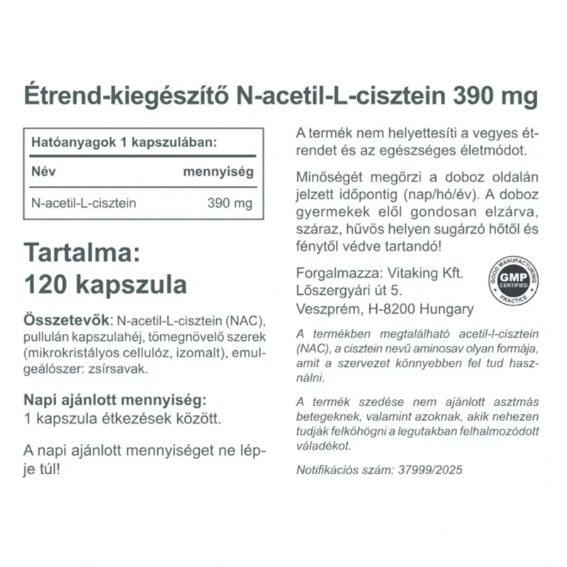Vitaking NAC-390 (N-acetil-L-cisztein) 390mg