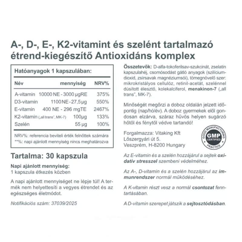 Vitaking Antioxidáns komplex – A+D+E+K2+ szelén