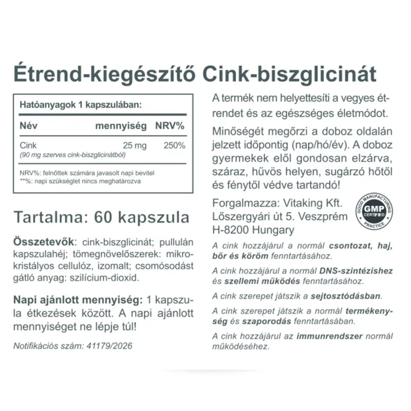 Vitaking Cink Biszglicinát 25 mg vegán kapszula