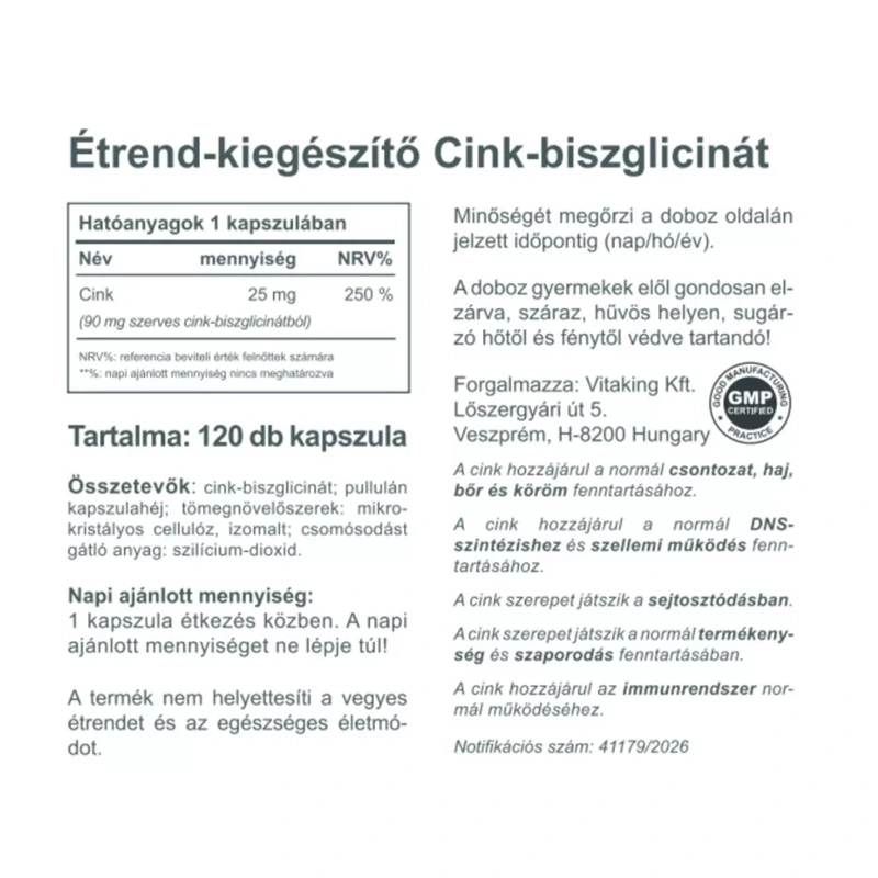 Vitaking Cink Biszglicinát 25 mg vegán kapszula