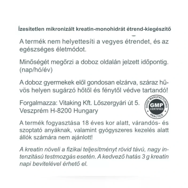 Vitaking 100% Kreatin monohidrát (natúr, mikronizált) dobozban