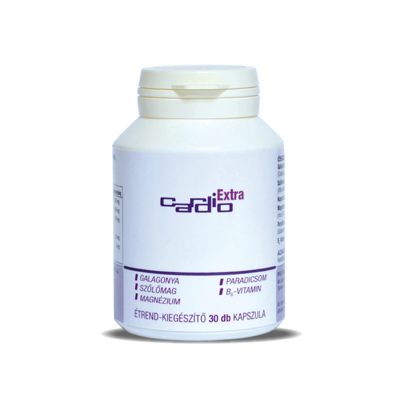 Cardio Extra galagonya, szőlőmag , magnézium ,paradicsom, B6 vitamin  összetételű