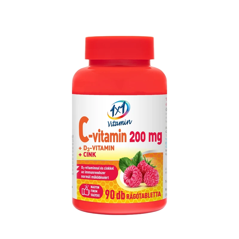 1x1 Vitamin C-vitamin 200 mg + D3 + cink málnaízű rágótabletta