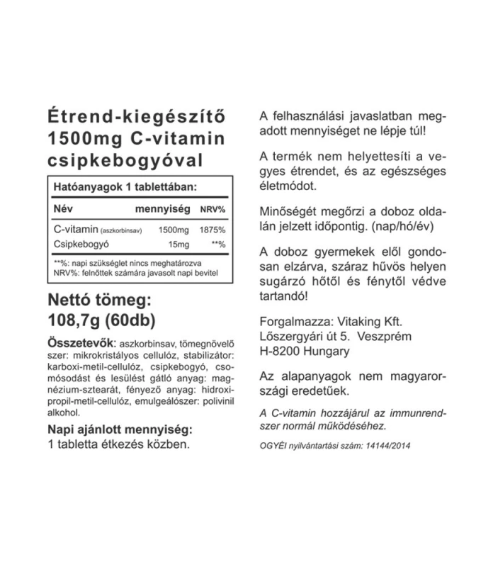 Vitaking C-vitamin 1500 mg csipkebogyó tabletta